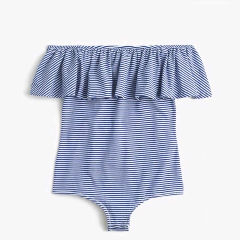 J.Crew Blue & White Ruffle Off The Shoulder Striped Bodysuit